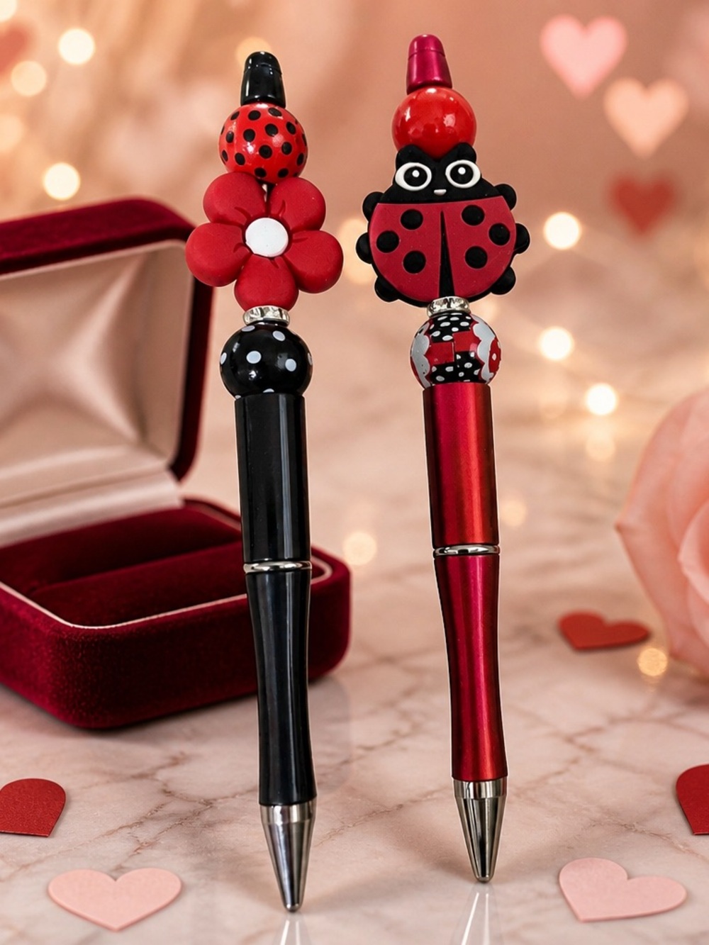 Adorable Set of 2 Beaded Ladybug Design Ballpoint Pens (Black Ink)